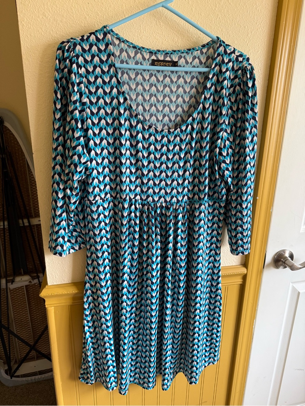 Reborn Teal Navy and White Geometric Long-Sleeve Scoop Dress